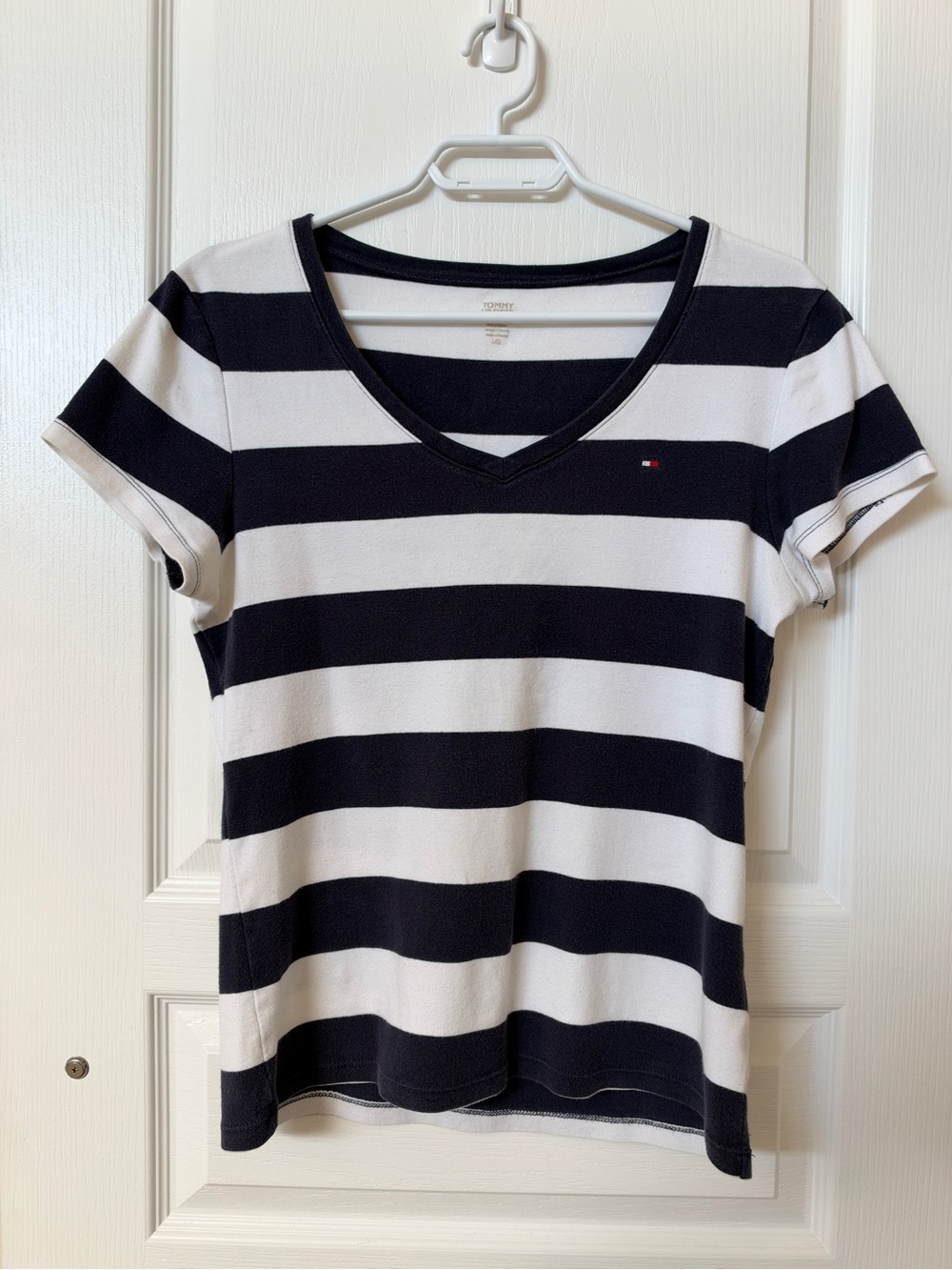 Tommy Hilfiger 100% Cotton Navy & White Striped V-Neck Tee Shirt